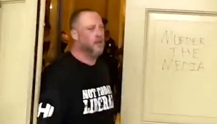 Jeremy J. Vorous is shown at the U.S. Capitol on Jan. 6, 2021. Vorous, of Venango, in northern Crawford County, has been charged with knowingly entering or remaining in any restricted building or grounds without lawful authority, violent entry and disorderly conduct on Capitol ground and obstruction of any official proceeding, according to a criminal complaint filed in U.S. District Court in Erie on March 26, 2021.