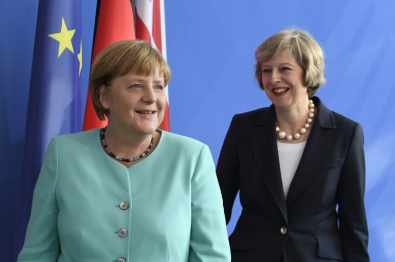 German Chancellor Angela Merkel (L) and British Prime Minister Theresa May hold talks at the chancellery in Berlin on July 20, 2016