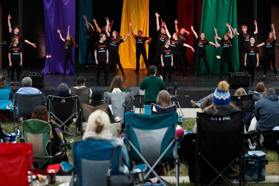 Cabaret for Change by the group ACTivate is performed on stage at the MoonDance Amphitheater in Lexington, Ky., Saturday, May 29, 2021. Saturday’s show was the first performance in front of an audience since the beginning of the COVID-19 pandemic.