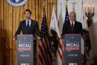 Republican candidates for California Governor Kevin Kiley, left, and Doug Ose participate in a debate at the Richard Nixon Presidential Library Wednesday, Aug. 4, 2021, in Yorba Linda, Calif. California Gov. Gavin Newsom faces a Sept. 14 recall election that could remove him from office. (AP Photo/Marcio Jose Sanchez)