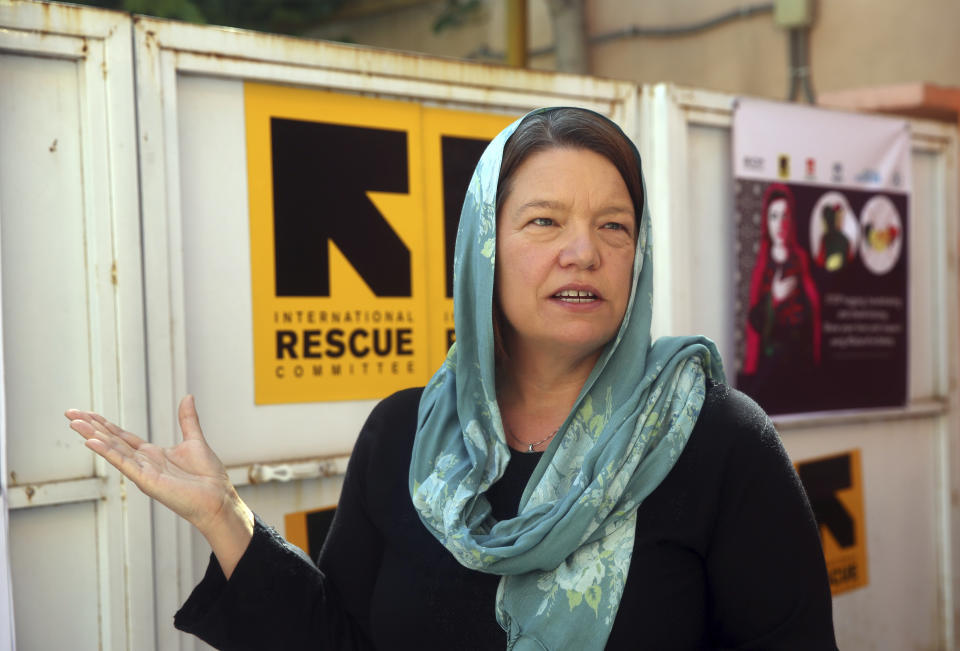 Vicki Aken, Afghanistan Country Director at the International Rescue Committee speaks during an interview in Kabul, Afghanistan, Tuesday, June 2, 2020. The IRC warned that Afghanistan is on a brink of a humanitarian disaster as the government is unable in testing at least 80 percent of potential cases of coronavirus. (AP Photo/Rahmat Gul)