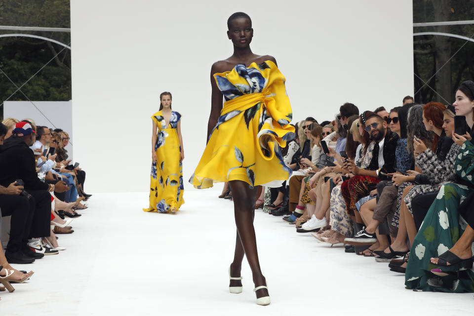 The Carolina Herrera collection is modeled during Fashion Week, in New York, Monday, Sept. 9, 2019. (AP Photo/Richard Drew)