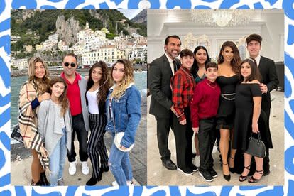 Split image of Joe Giudice whith his daughters and Jennifer Aydin and her family