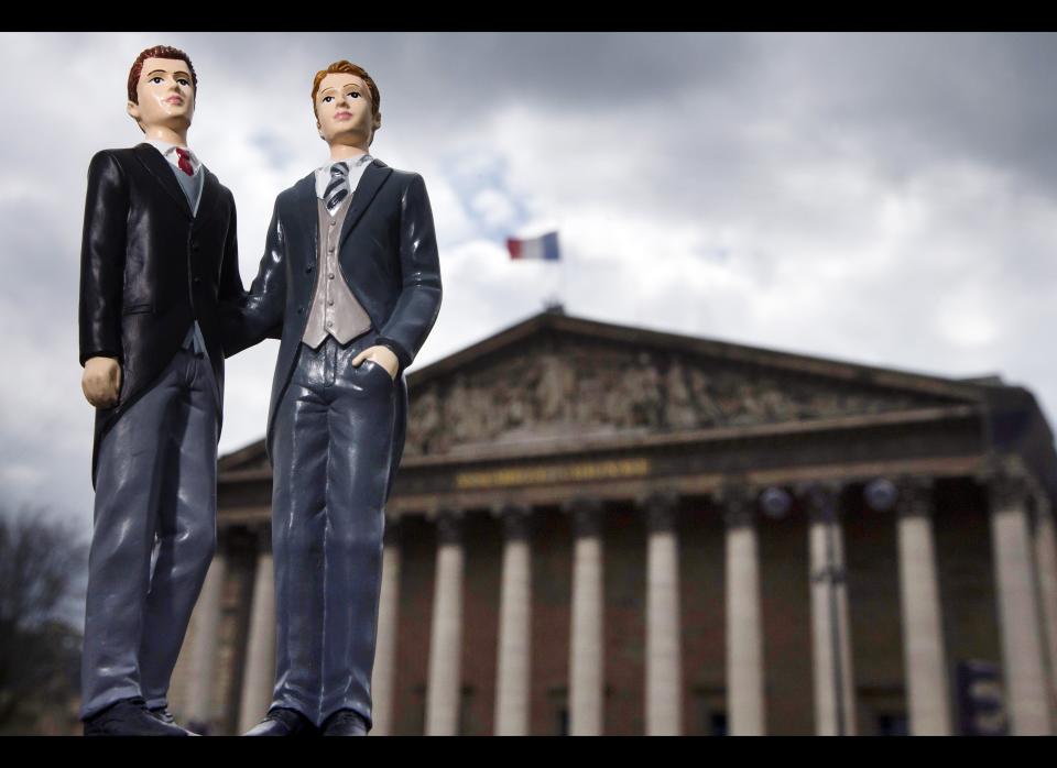 France legalized same sex marriage in <a href="http://www.huffingtonpost.com/2013/04/23/france-gay-marriage-law-_n_3139470.html?utm_hp_ref=world&ir=World&utm_hp_ref=world" target="_hplink">2013</a>.    Pictures: an illustration made with plastic figurines of men is seen in front of the Palais Bourbon, the seat of the French National Assembly. (JOEL SAGET/Getty Images)  