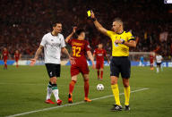 <p>Soccer Football – Champions League Semi Final Second Leg – AS Roma v Liverpool – Stadio Olimpico, Rome, Italy – May 2, 2018 Liverpool’s Dejan Lovren is shown a yellow card by referee Damir Skomina Action Images via Reuters/John Sibley </p>
