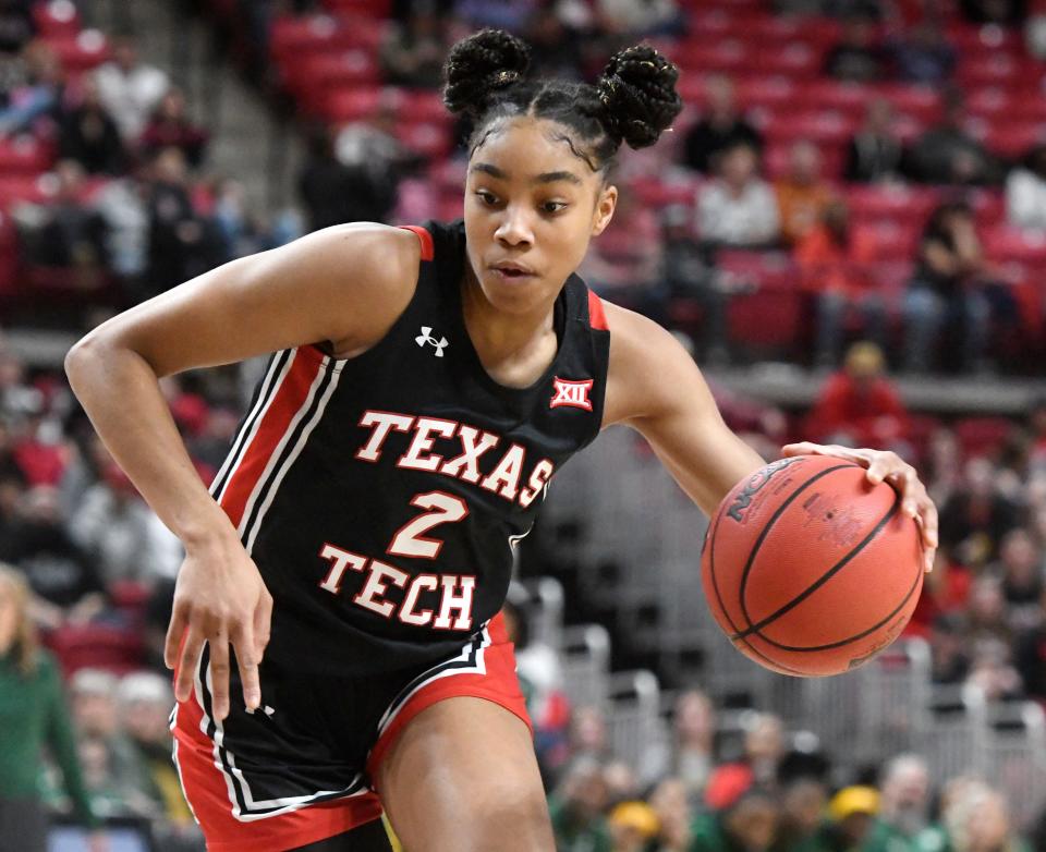 Texas Tech's guard Kilah Freelon (2) dribbles the ball against Baylor in a Big 12 basketball game, Saturday, Jan. 28, 2023, at United Supermarkets Arena. 