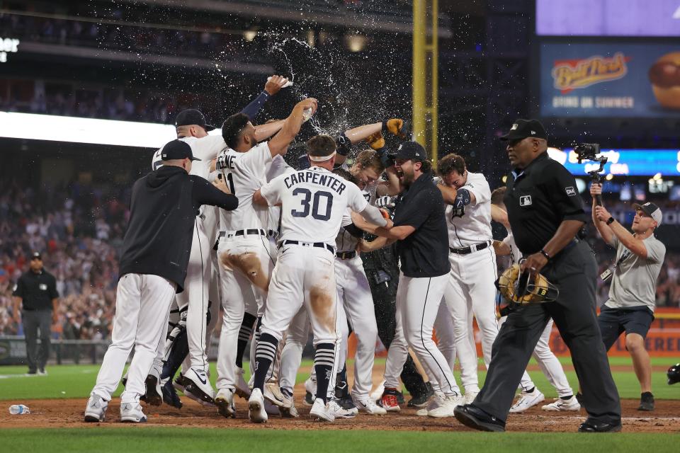 Tigers center fielder Parker Meadows celebrates his walk-off, three-run home run in the Tigers' 4-1 win over the Astros at Comerica Park on Friday, Aug. 25, 2023.