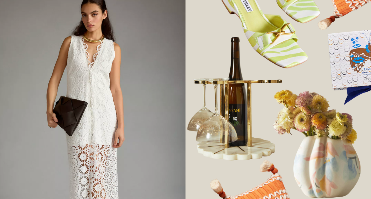 split screen of anthropologie model wearing white lace dress and vase, wine holder, sandals and orange pillow