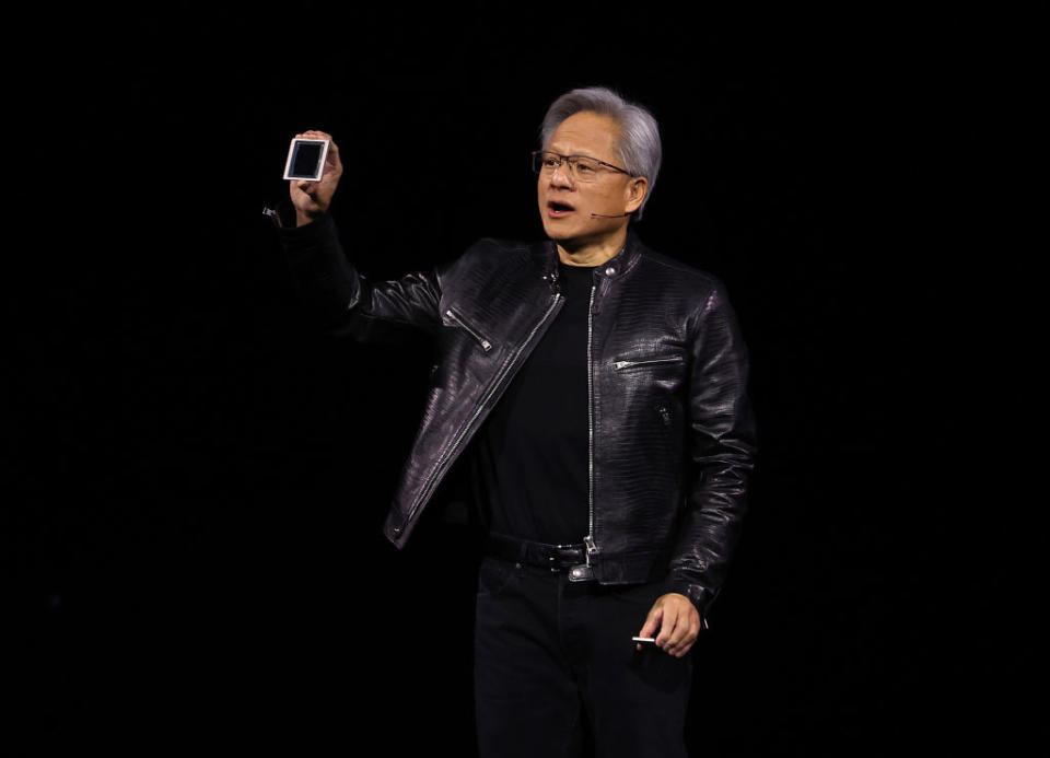 SAN JOSE, CALIFORNIA - MARCH 18: Nvidia CEO Jensen Huang delivers a keynote address during the Nvidia GTC Artificial Intelligence Conference at SAP Center on March 18, 2024 in San Jose, California. The developer conference is expected to highlight new chip, software, and AI processor technology.  (Photo by Justin Sullivan/Getty Images)