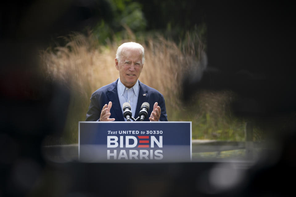 Democratic presidential nominee Joe Biden speaks about climate change and the wildfires on the West Coast a the Delaware Museum of Natural History on September 14, 2020 in Wilmington, Delaware. Biden has campaign stops scheduled in Florida, Pennsylvania and Minnesota later this week. (Photo by Drew Angerer/Getty Images)