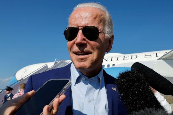 PHOTO: President Joe Biden speaks to the media as he arrives at Joint Base Andrews, Md., July 20, 2022, the day before he tested positive for COVID-19. (Jonathan Ernst/Reuters)