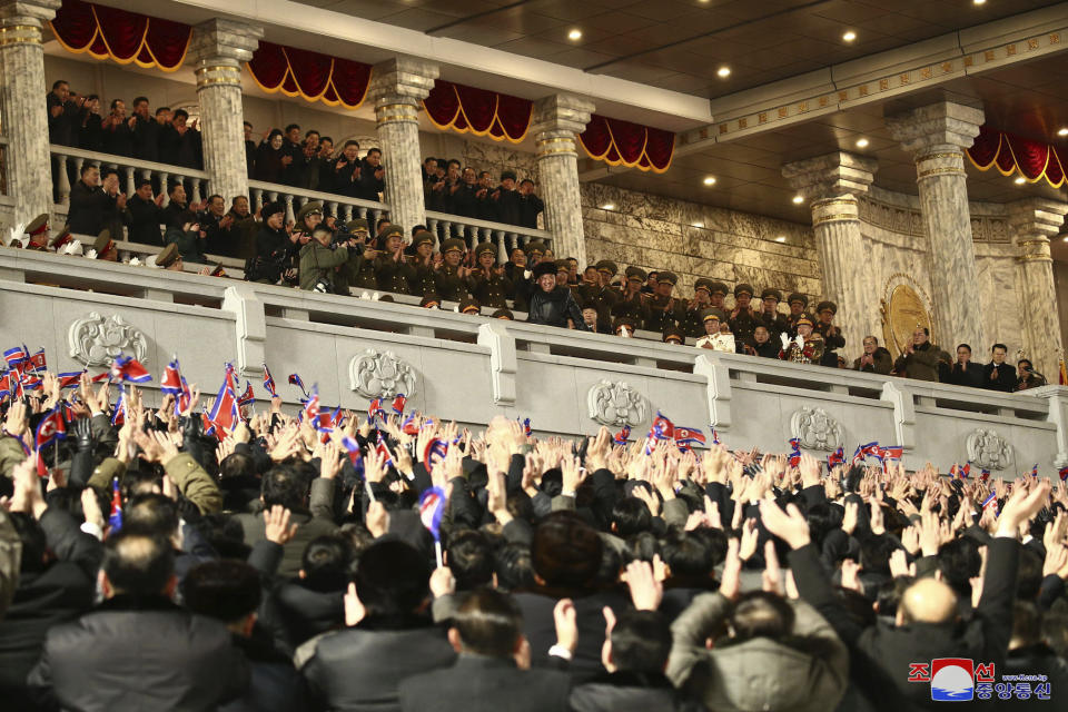 In this photo provided by the North Korean government, North Korean leader Kim Jong Un, center, attends a military parade marking the ruling party congress, at Kim Il Sung Square in Pyongyang, North Korea Thursday, Jan. 14, 2021. North Korea rolled out developmental ballistic missiles designed to be launched from submarines and other military hardware in a parade that punctuated leader Kim Jong Un’s defiant calls to expand his nuclear weapons program. Independent journalists were not given access to cover the event depicted in this image distributed by the North Korean government. The content of this image is as provided and cannot be independently verified. Korean language watermark on image as provided by source reads: "KCNA" which is the abbreviation for Korean Central News Agency. (Korean Central News Agency/Korea News Service via AP)