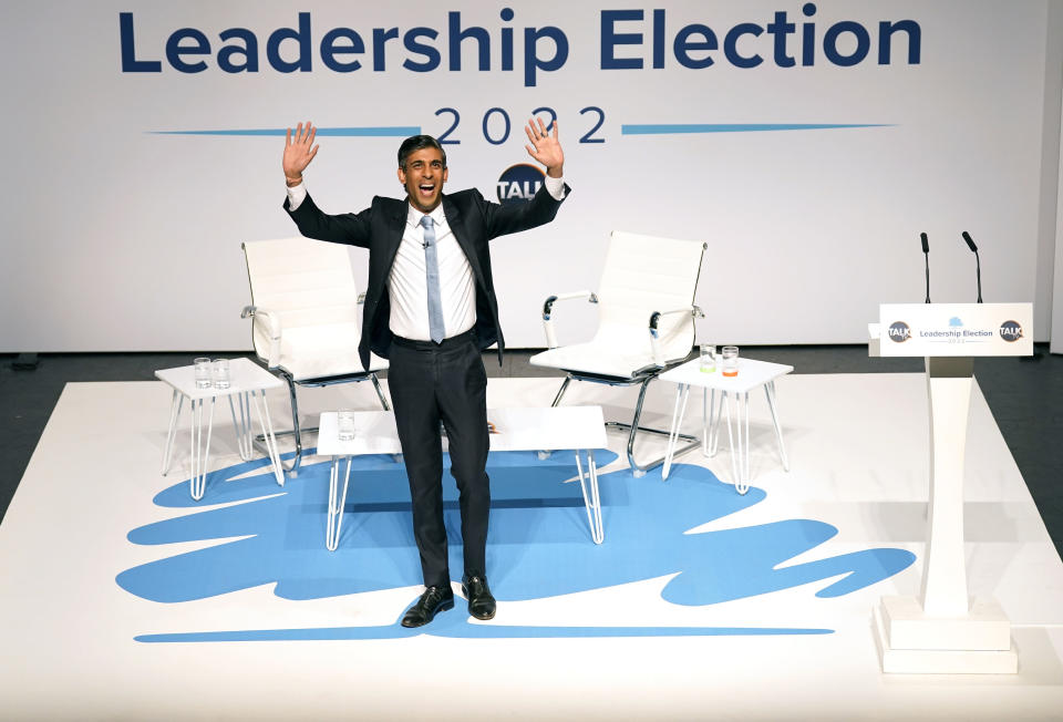 FILE - Rishi Sunak during a hustings event in Darlington, England, Aug. 9, 2022, as part of the campaign to be leader of the Conservative Party and the next prime minister. While inflation and recession fears weigh heavily on the minds of voters, another issue is popping up in political campaigns from the U.K. and Australia to the U.S. and beyond: the “China threat." The two finalists vying to become Britain's next prime minister, Liz Truss and Rishi Sunak, clashed in a televised debate last month over who would be toughest on China. (Danny Lawson/PA via AP, File)