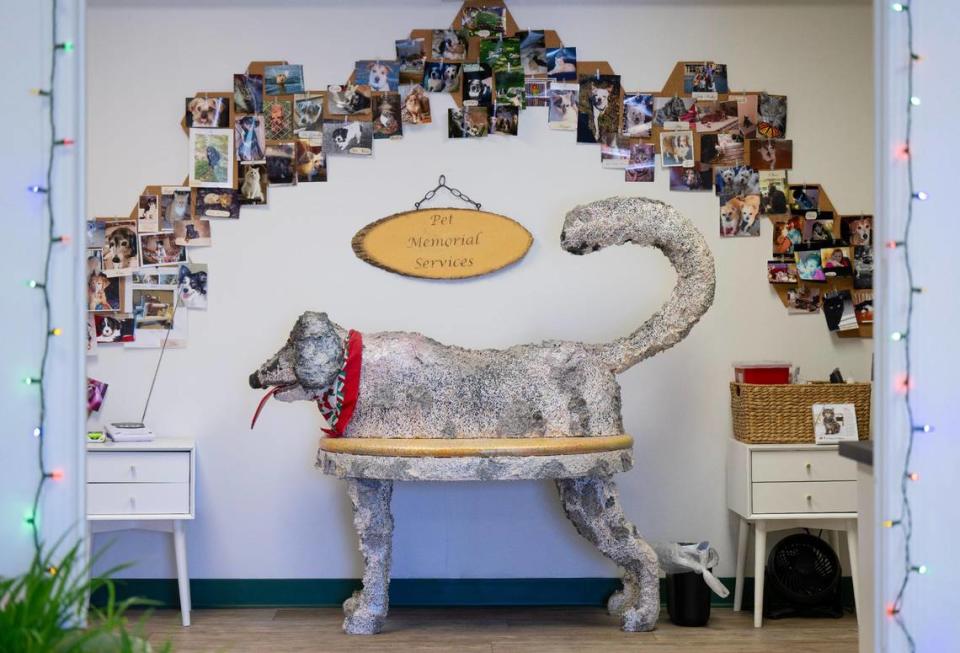 Photos of customers’ beloved pets hang on the wall at the Pet Memorial Services office building at Wayside Waifs. The facility offers burial and cremation services for pets, as well as caskets, urns, headstones and keepsakes.