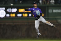 Colorado Rockies shortstop Ezequiel Tovar throws to first for the out during the eighth inning of a baseball game against the Chicago Cubs, Tuesday, April 2, 2024, in Chicago. (AP Photo/Erin Hooley)