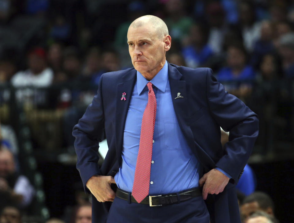 Dallas Mavericks head coach Rick Carlisle stands on the sideline in an NBA preseason basketball game against the Oklahoma City Thunder, Monday, Oct. 14, 2019, in Dallas. (AP Photo/Richard W. Rodriguez)