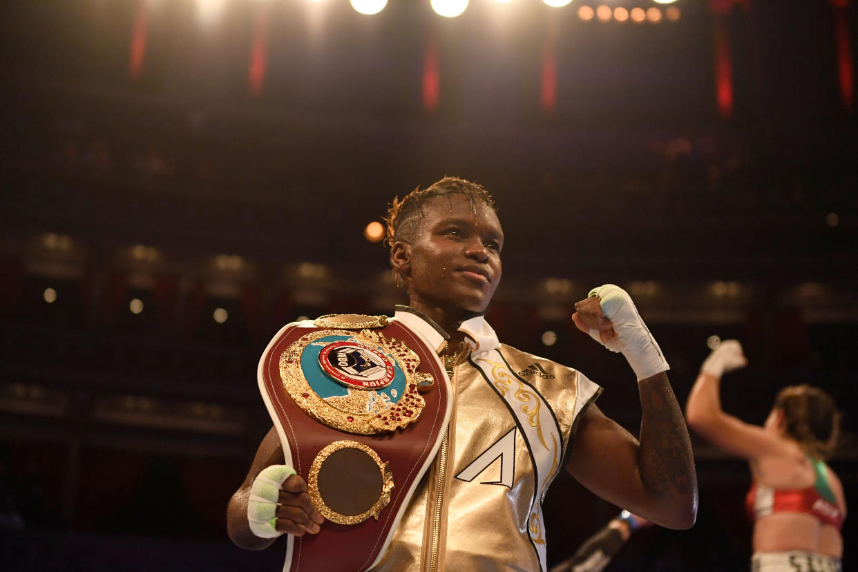 Boxing: WBO Women's Flyweight Title: Closeup of Nicola Adams victorious, with belt after winning vs Maria Salinas during Women's Flyweight title bout at Royal Albert Hall.
London, England 9/27/2019
CREDIT: Thomas Lovelock (Photo by Thomas Lovelock /Sports Illustrated/Getty Images)
(Set Number: X162945 TK1 )