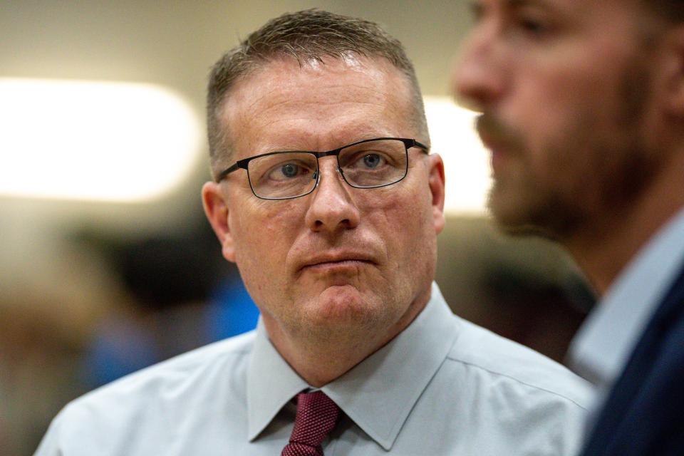 Warner Public Schools Superintendent David Vinson speaks on April 26 to Ryan Walters at a roundtable at the Warner Public School Event Center in Warner.