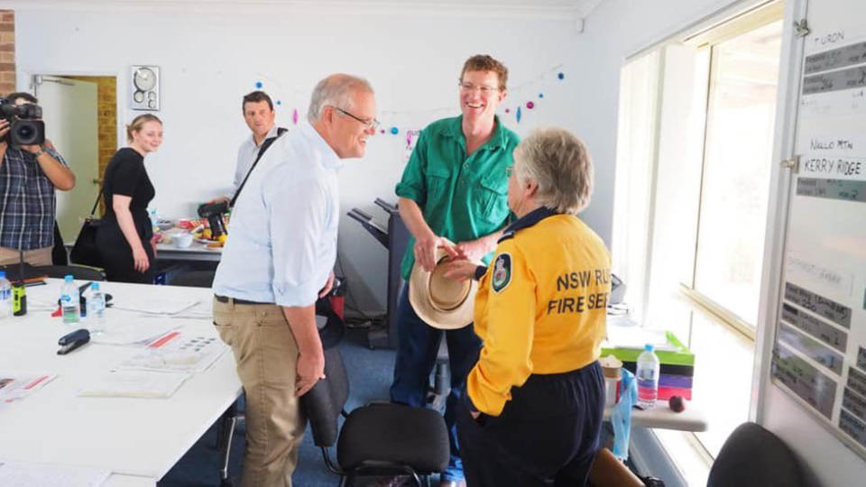 Scott Morrison (left) with MP Andrew Gee (middle) and NSW RFS volunteer Jacqui (right).