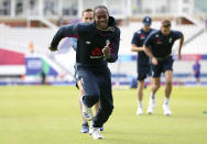 England's Jofra Archer attends a training session at The Oval, London, during the ICC Cricket World Cup, Wednesday, May 29, 2019. (Nigel French/PA via AP)