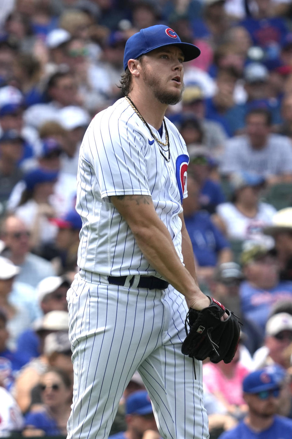 Chicago Cubs starting pitcher Justin Steele reacts after Boston Red Sox's Masataka Yoshida, of Japan, hit a grand slam during the fifth inning of a baseball game in Chicago, Sunday, July 16, 2023. (AP Photo/Nam Y. Huh)