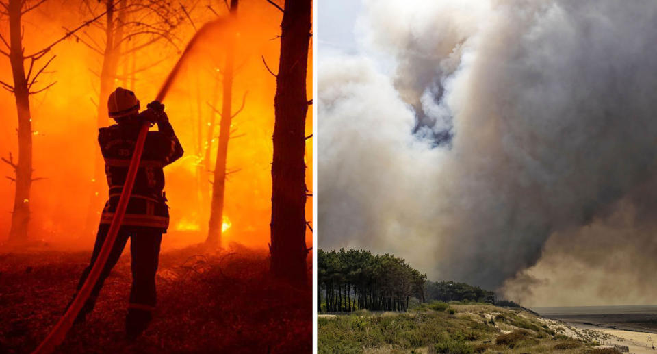 A firefighter holds a hose in front of a fire in France (left) and smoke plumes from a fire by the beach also in France (right)