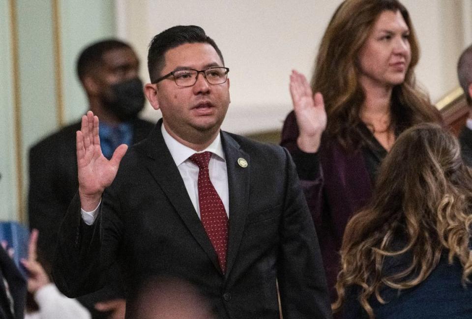Newly-elected Assemblyman Josh Hoover, R-Folsom, is sworn into office during the Assembly organizational session Dec. 5 at the state Capitol. As a Republican Latino, Hoover is not eligible for the Latino Caucus that has been reserved for Democrats since its creation 50 years ago.