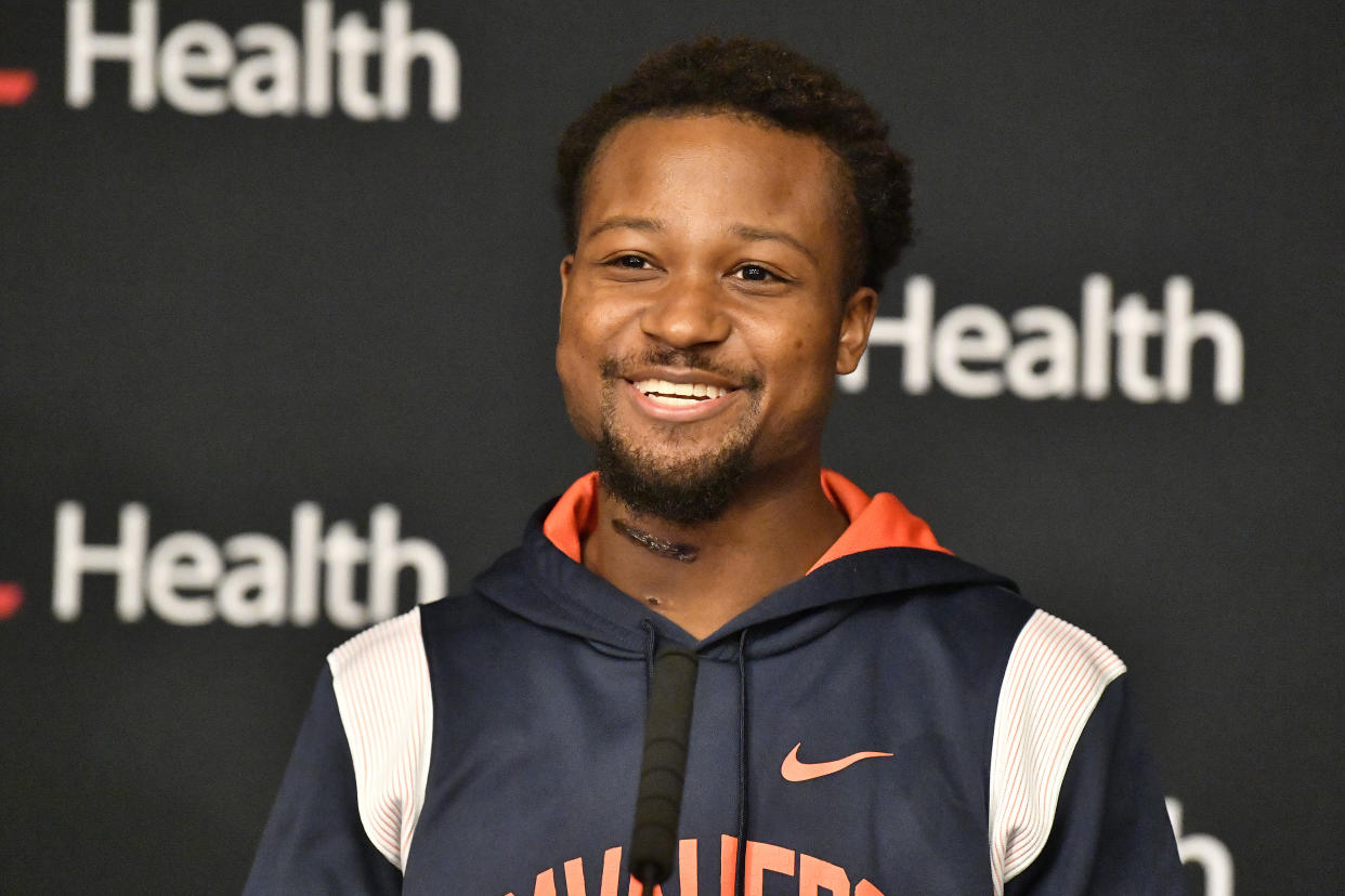 Virginia football player Perris Jones speaks with reporters about his injury and recovery at the University of Louisville - Frazier Rehabilitation Institute, Tuesday, Nov. 28, 2023, in Louisville, Ky. Jones was injured during an NCAA college football game against Louisville on Nov. 9, and after two and a half weeks is being discharged. (AP Photo/Timothy D. Easley)