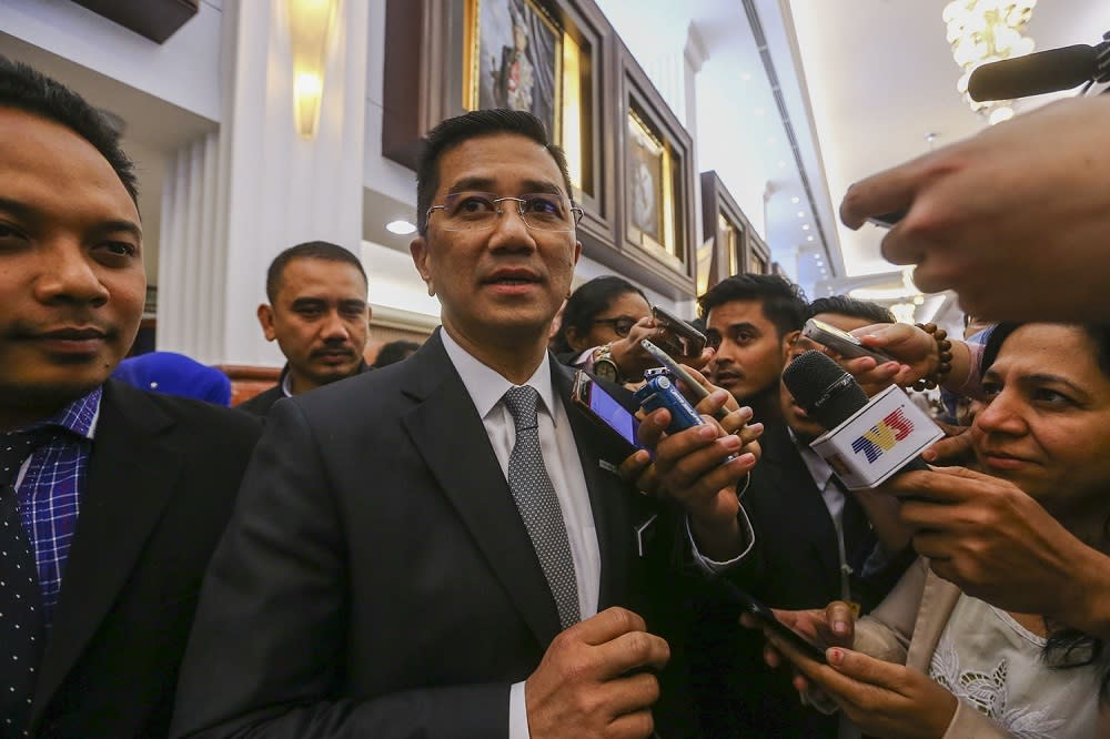 Economic Affairs Minister Datuk Seri Azmin Ali speaks to reporters at the Parliament lobby in Kuala Lumpur July 17, 2019. — Picture by Hari Anggara