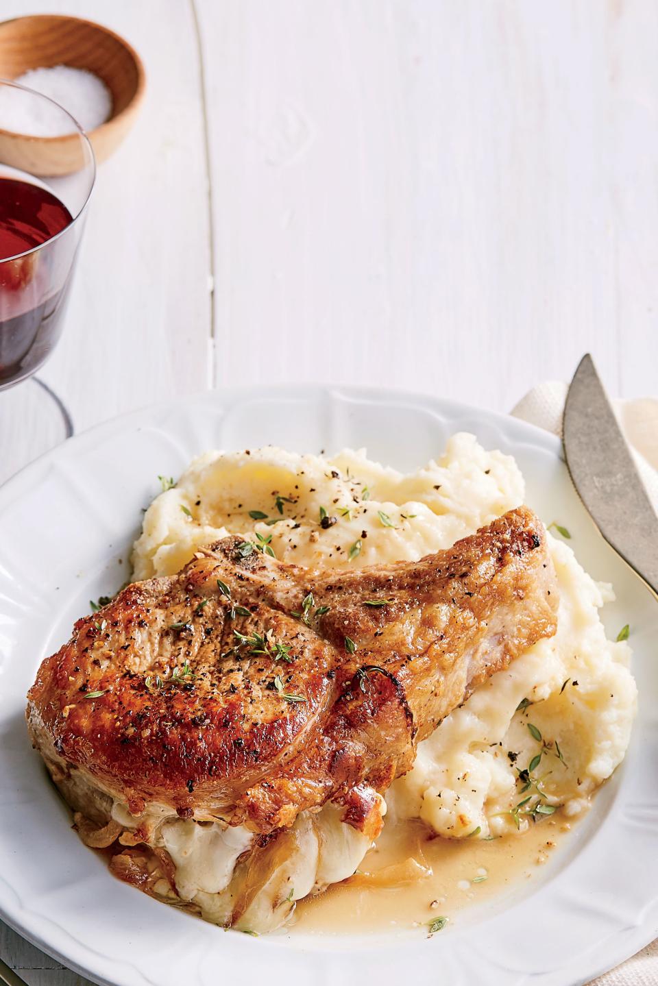 Fontina-Stuffed Pork Chops with Mashed Potatoes