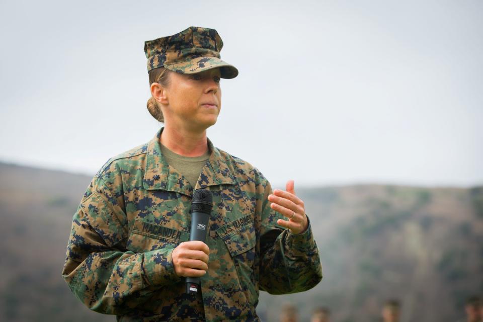 U.S. Marine Corps Lt. Col. Michelle I. Macander, incoming commanding officer of 1st Combat Engineer Battalion (CEB), 1st Marine Division, gives a speech during a change of command ceremony at Marine Corps Base Camp Pendleton, California, June 22, 2018. (Audrey C. M. Rampton/U.S. Marine Corps)