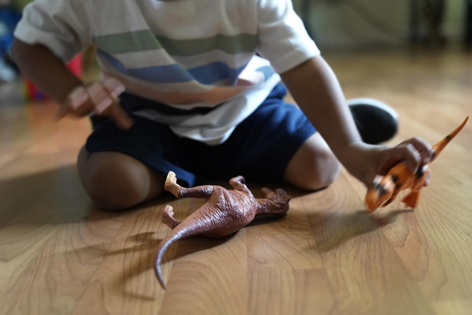 Alexander, 3, who is being treated for developmental delays, plays with his dinosaurs in the living room of his West Chicago, Ill., home, Tuesday, Aug. 8, 2023. Alexander qualified for five Early Intervention therapies in summer 2021, physical, occupational, developmental, behavioral and speech when he was about a year old. But the family waited more than a year to get any of these services in-person. (AP Photo/Charles Rex Arbogast)