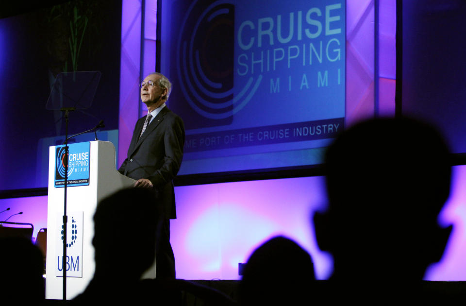 Howard Frank, Vice Chairman and COO of Carnival Corporation, gives the keynote address before a roundtable discussion on the state of the cruise ship industry at the Cruise Shipping Miami conference, Tuesday, March 13, 2012, in Miami Beach, Fla. (AP Photo/Lynne Sladky)