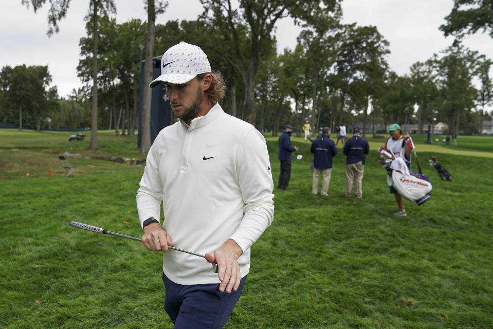 Thomas Pieters, of Belgium, walks to the seventh tee during the second round of the US Open Golf Championship, Friday, Sept. 18, 2020, in Mamaroneck, N.Y. (AP Photo/John Minchillo)