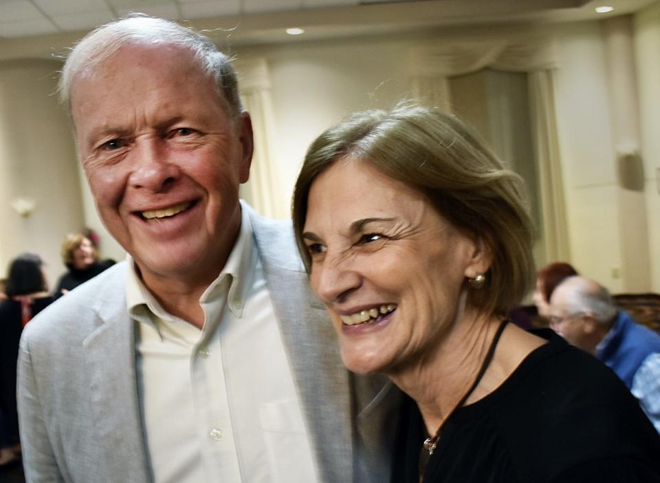 Fall River Mayor Paul Coogan and wife Judi celebrate his win at the Our Lady of Light Band Club in Fall River on Tuesday, Nov. 7, 2023.