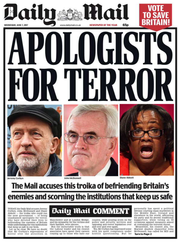 ‘Apologists for Terror’ was the bold message on the Daily Mail (Picture: Daily Mail)