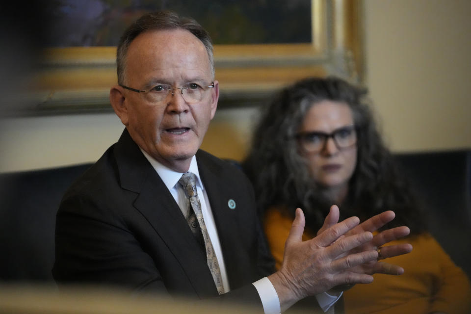 Utah Senate President Stuart Adams speaks during a media availability, Monday, Feb. 27, 2023, at the Utah State Capitol, in Salt Lake City. A push to mandate that members of religious clergy report child sexual abuse when it's brought to their attention is facing pushback from churches throughout the United States. That's the case in Utah, where four separate proposals to narrow the so-called clergy-penitent privilege loophole have not received hearings in the statehouse as lawmakers prepare to adjourn for the year. (AP Photo/Rick Bowmer)