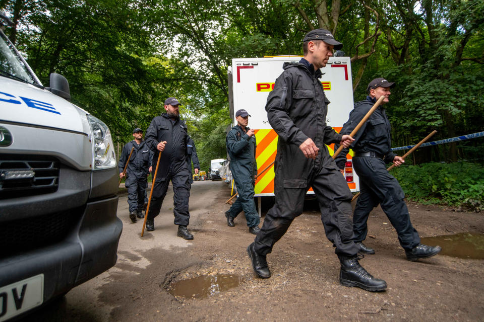 <p>EMBARGOED TO 1730 TUESDAY AUGUST 24 Police officers searching the land at Sand Hutton Gravel Pits near York in connection with the disappearance of missing university chef Claudia Lawrence. Ms Lawrence went missing 12 years ago and police believe she was murdered, although no body has ever been found.</p>
