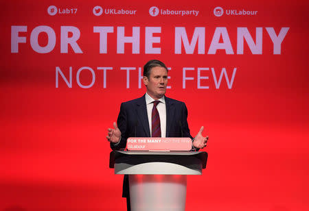 Britain's opposition Labour Party Brexit Secretary Keir Starmer delivers his keynote speech at the Labour Party Conference venue in Brighton, Britain, September 25, 2017. REUTERS/Toby Melville