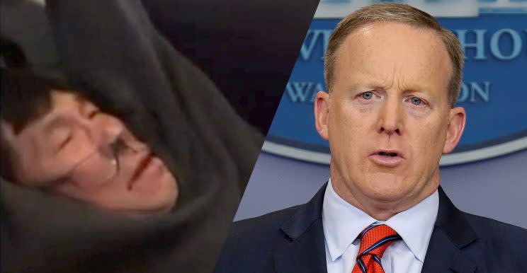 A video screengrab of passenger David Dao being dragged off a United Airlines flight at Chicago O’Hare International Airport; on right, press secretary Sean Spicer. (Photos: Jayse D. Anspach via Reuters, Joshua Roberts/Reuters)