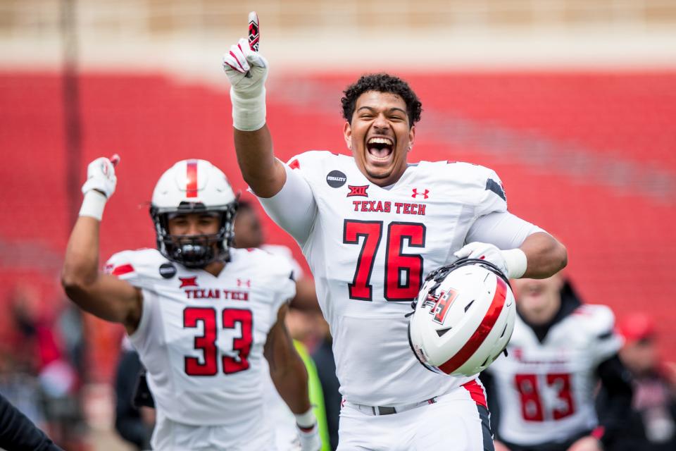 Texas Tech lineman Caleb Rogers (76) has made 41 consecutive starts at offensive tackle. Tech coach Joey McGuire said Wednesday he plans to move Rogers to center or guard next season, based on feedback from NFL scouts who evaluated Rogers' pro prospects.