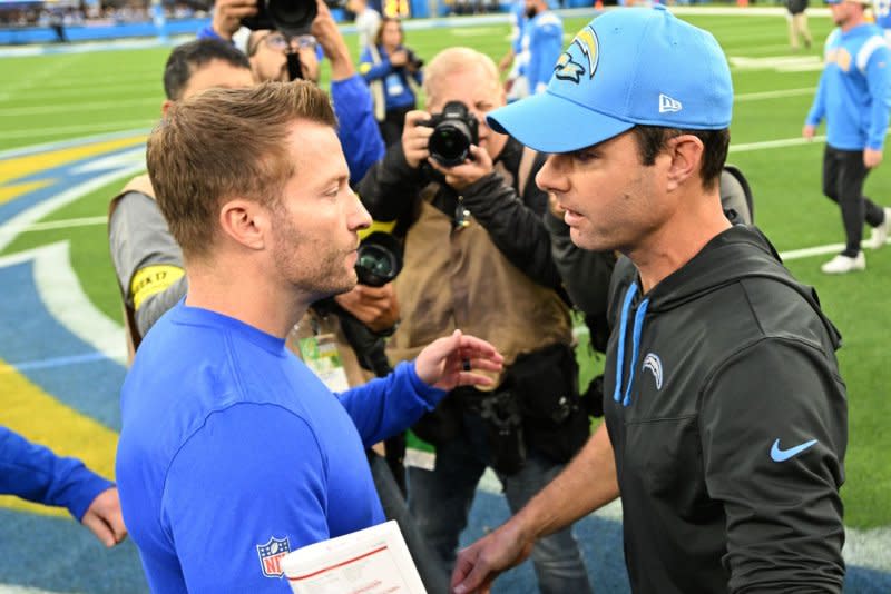 Former Los Angeles Chargers head coach Brandon Staley (R) spent the 2020 season as Los Angeles Rams defensive coordinator, working under head coach Sean McVay. File Photo by Jon SooHoo/UPI