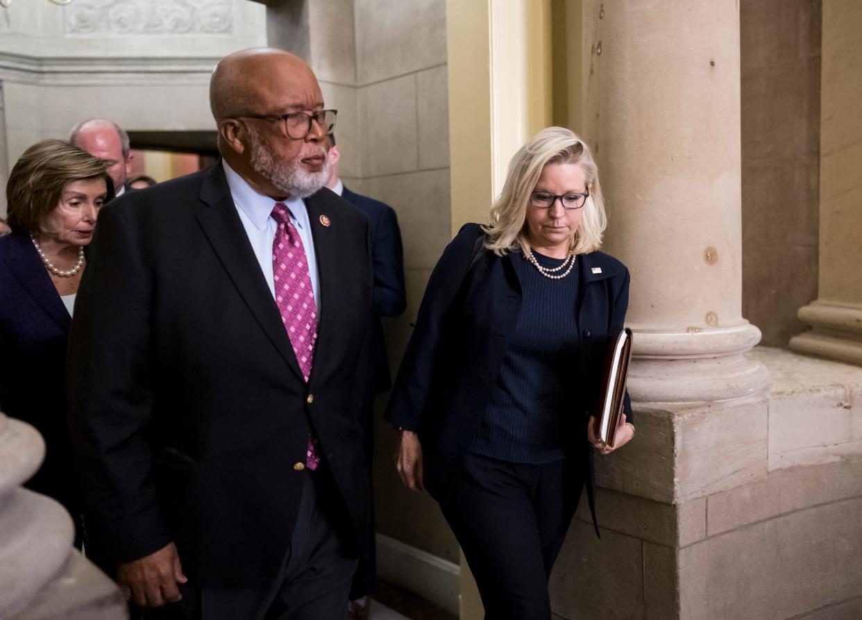 From left, House Speaker Nancy Pelosi, D-Calif., Rep. Bennie Thompson, D-Miss., chairman of the House committee investigating the Jan. 6 attack on the U.S. Capitol, and Rep. Liz Cheney, R-Wyo., the vice-chair, walk to the House chamber after meeting in Pelosi's office, at the Capitol in Washington, Friday, Sept. 30, 2022.