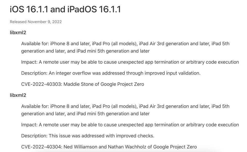 蘋果說明iOS 16.1.1版本修補了2個libxml2漏洞。（圖／翻攝自蘋果官網）