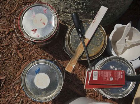 Cans of red, white and blue paint sit outside the 110-year-old house owned by Brent and Catherine Greer in Bradenton, Florida, June 6, 2014. REUTERS/Steve Nesius