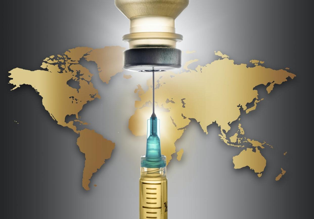 <span class="caption">How many vaccines will be needed to vaccinate the world against COVID-19?</span> <span class="attribution"><a class="link " href="https://www.gettyimages.com/detail/photo/covid-19-vaccine-with-world-map-in-background-royalty-free-image/1248797862?adppopup=true" rel="nofollow noopener" target="_blank" data-ylk="slk:Tetra Images/Getty Images;elm:context_link;itc:0;sec:content-canvas">Tetra Images/Getty Images</a></span>