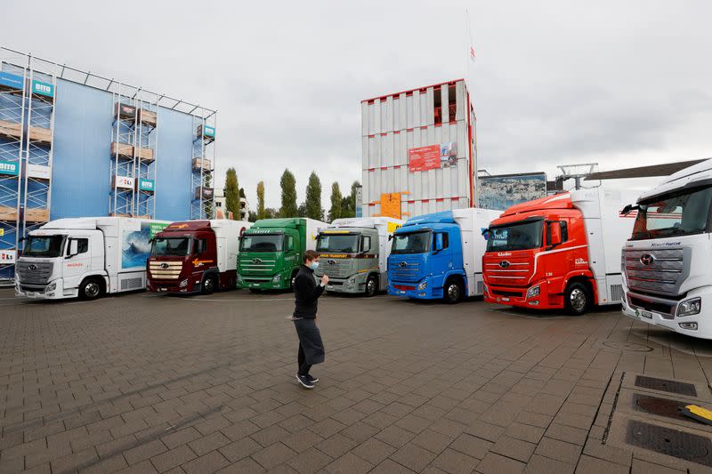 New hydrogen fuel cell truck made by Hyundai is displayed in Luzern