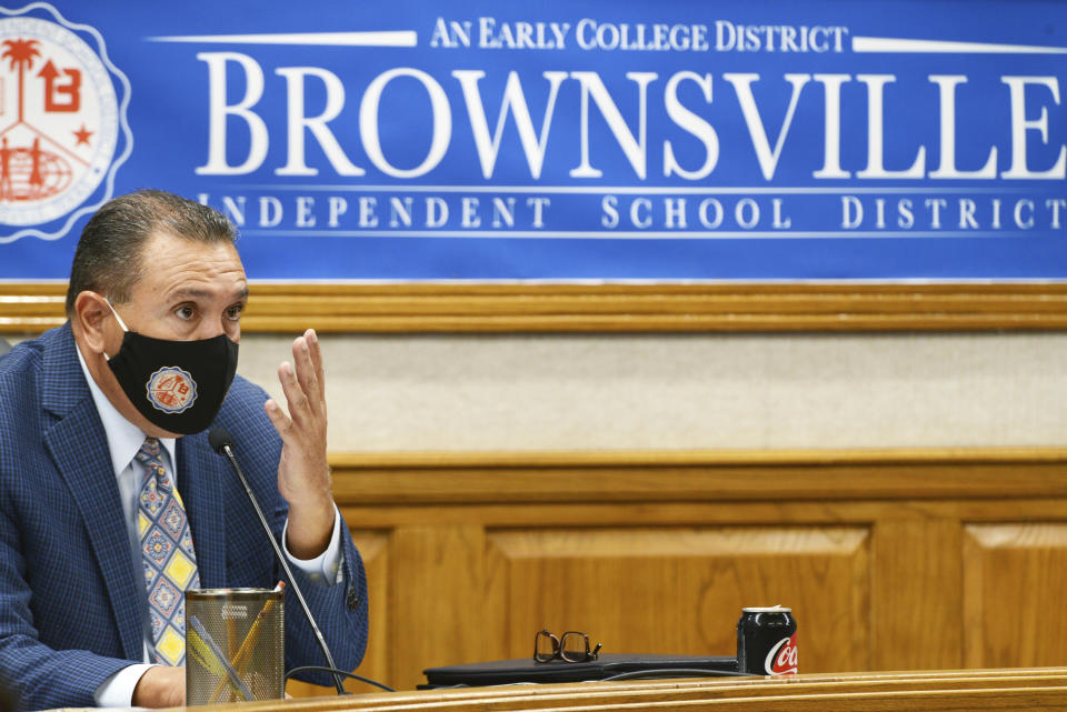 Brownsville Independent School District (BISD) Superintendent René Gutiérrez discusses the approval and necessity for the school board to make local decisions on health and safety for their students and employees before the start of the new school year at all BISD schools during a BISD board of trustees special called board meeting Thursday, Aug. 12, 2021, in Brownsville, Texas. COVID-19 positive cases continue to spike in Texas. The BISD board of trustees also approved legal counsel against Texas Governor Greg Abbott's school mask ban. (Miguel Roberts/The Brownsville Herald via AP)