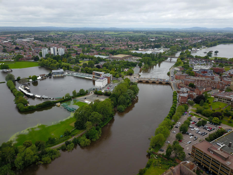 Worcestershire CCC's, New Road, ground under water due to flooding from the River Severn in Worcester, after heavy rainfall. 17/06/2019. See SWNS story SWMDweather.  Britain will be pummelled by âpersistent rainâ over the next few days with the risk of âsevere thunderstormsâ developing as the unrelenting summer washout rages on.  The increased likelihood of damaging storms has forced the Met Office to issue a yellow weather warning.