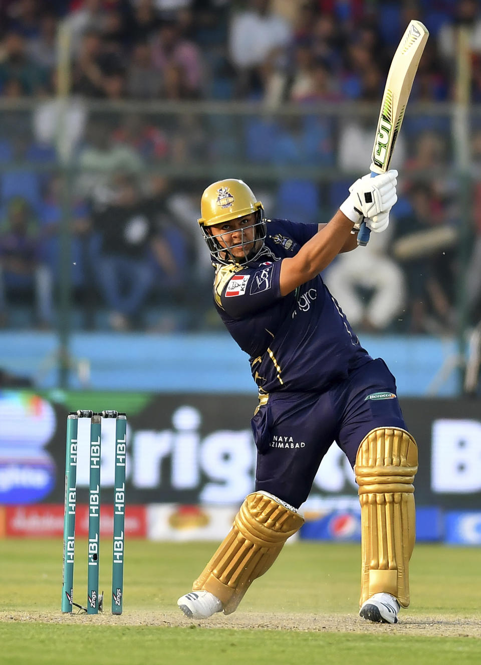 Quetta Gladiators batsman Azam Khan plays a shot during the Pakistan Super League T20 cricket match against Karachi Kings at National Stadium in Karachi, Pakistan, Sunday, Feb. 23, 2020. (AP Photo/Fareed Khan)